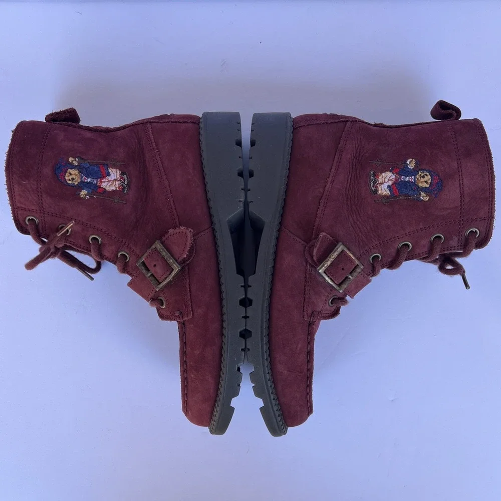 Polo Ralph Lauren Polo Bear Burgundy Leather Ranger Combat Hi II Boots Sz 4.5 US
